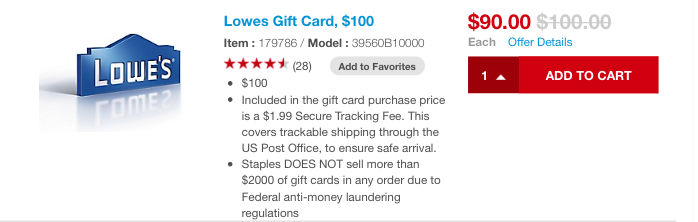 Staples: Discounted Lowe's Gift Cards!