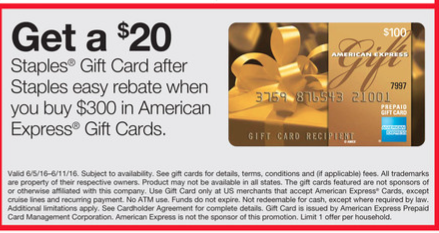 New Staples $20 Back With Amex Gift Card Purchase