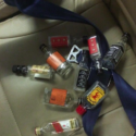 a group of small bottles on a seat