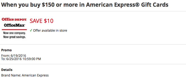 Office Depot $10 Off American Express Gift Card Deal