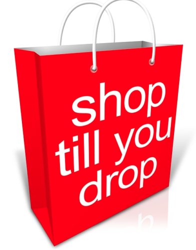 a red shopping bag with white text