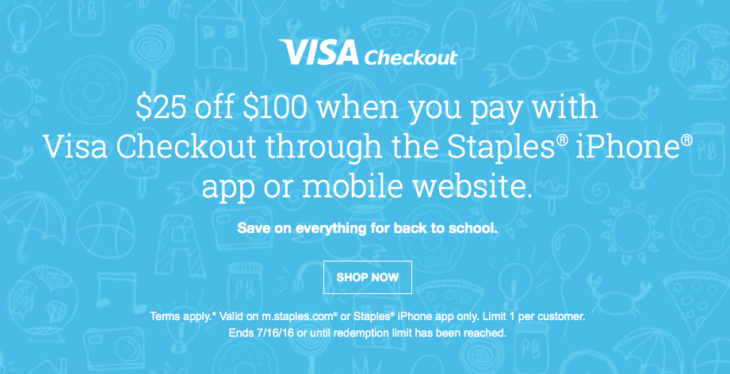 Hurry! $25 Off Staples $100 Order With Visa Checkout