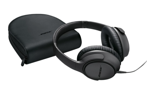 a black headphones with a case