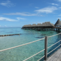 a dock with straw huts on the water