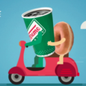 a cartoon of a coffee cup and a donut on a red scooter