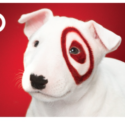 a white dog with a red target on its face