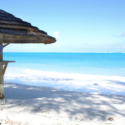 a beach with a straw umbrella and a blue ocean