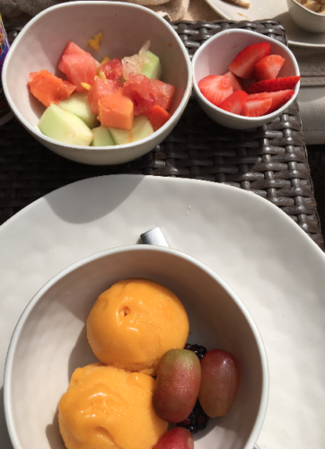 a bowl of fruit and ice cream