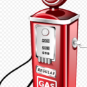 a red gas pump with a round dial