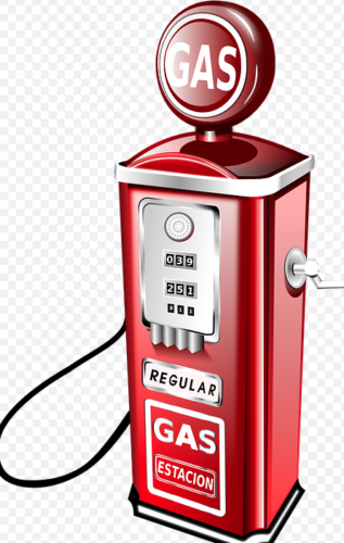 a red gas pump with a round dial