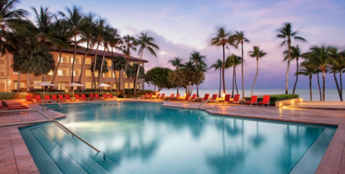 a pool with palm trees and a building