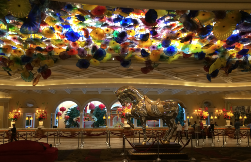 a large statue of a horse in a hotel lobby