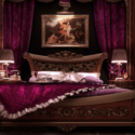 a bed with purple blanket and lamps