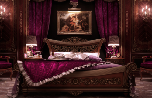 a bed with purple blanket and lamps