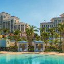 a pool with palm trees and buildings in the background