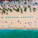 aerial view of a beach with umbrellas and palm trees