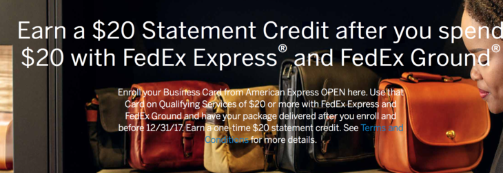 $20 Back On $20 FedEx Business Amex Members (targeted)