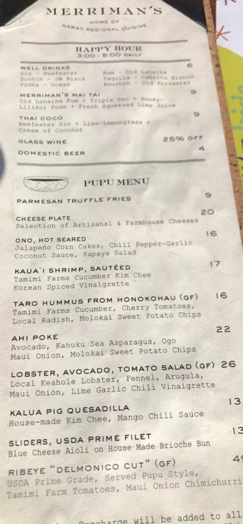 Merriman's Kapalua, Maui menu