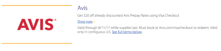 $20 Off Avis Rental With Visa Checkout!