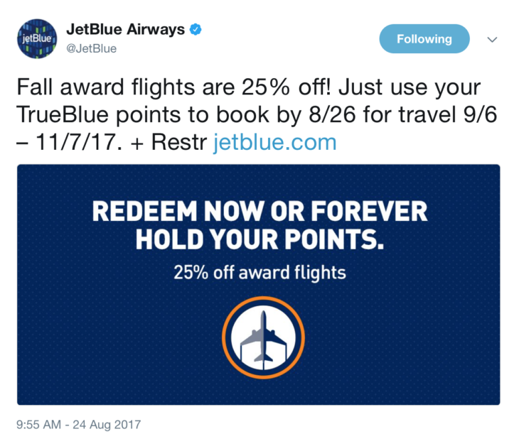 Jet Blue 25% Off Award Flights