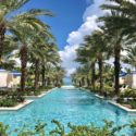 a pool with palm trees and a beach