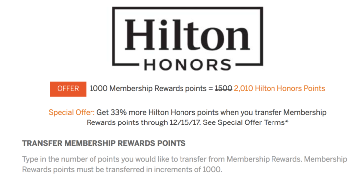 33% Bonus Hilton Points When Transfer Membership Rewards Points