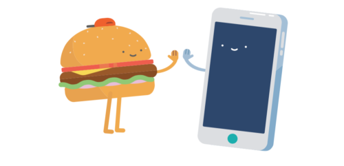a cartoon of a hamburger and a cell phone