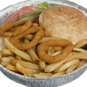 a plate of food with onion rings and fries