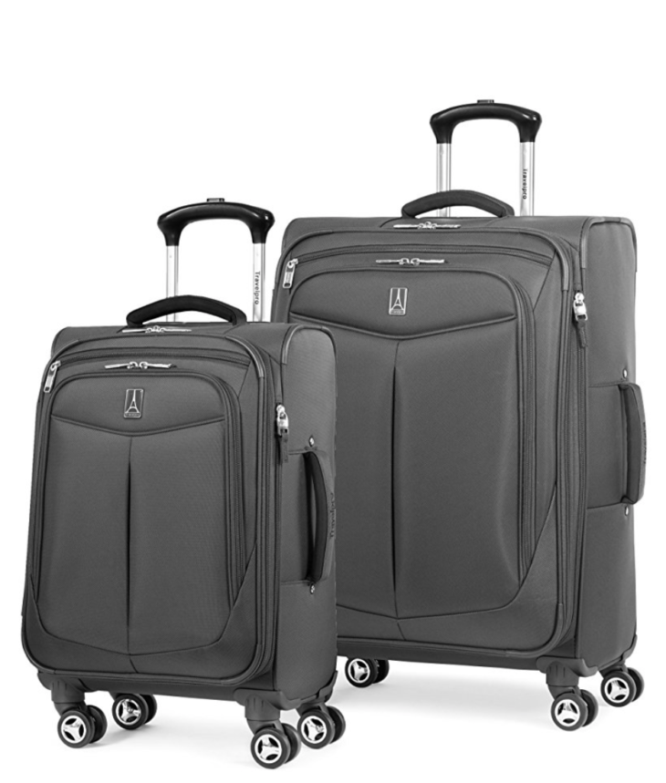 a pair of luggage with wheels