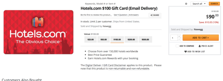 Good Deal $100 Hotels.com Giftcards For $90