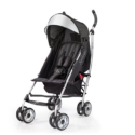 a black and silver stroller with a grey canopy