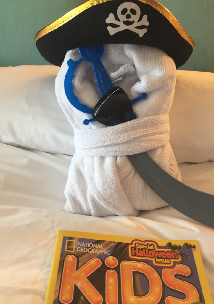 a towel wrapped in a towel with a hat and sword