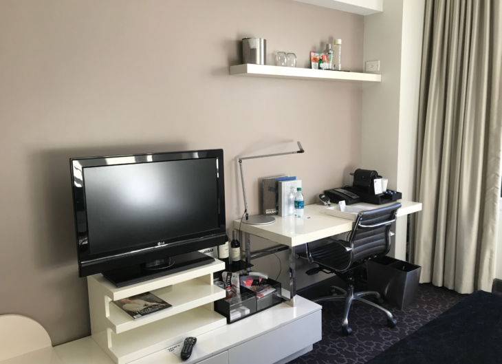 a desk and a tv in a room