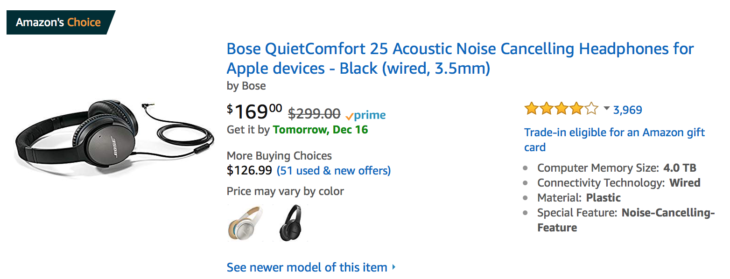 Amazon Bose QuietComfort 25 Acoustic Noise Cancelling Headphones $169!