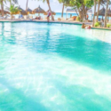 a pool with palm trees and people in it