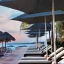 a row of lounge chairs and umbrellas by a pool