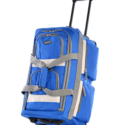 a blue suitcase with wheels