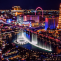 a city with a fountain and a ferris wheel