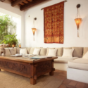 a living room with a couch and a coffee table