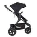 a black baby stroller with a black cover