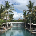 a pool with palm trees and umbrellas