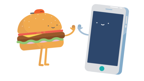 a cartoon burger and a cell phone