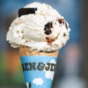 a ice cream cone with a blue and white label