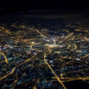 an aerial view of a city at night