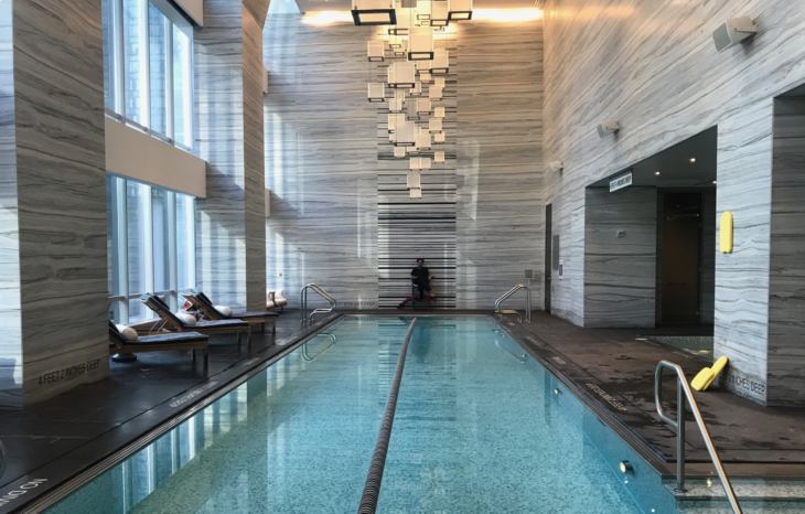 a swimming pool inside a building