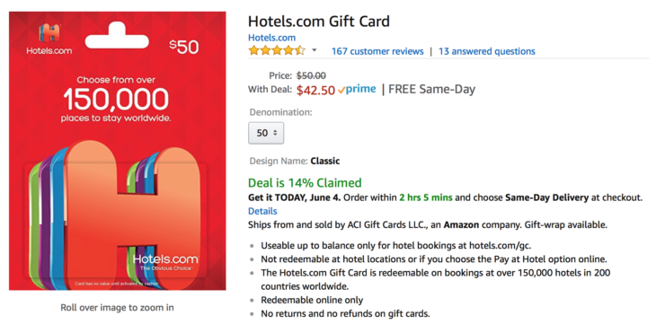 Amazon Has Hotels.com Gift Card Discounted 