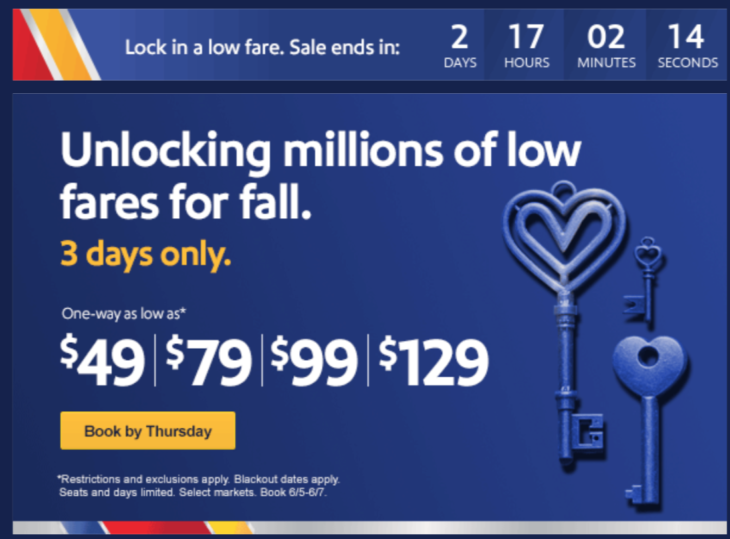a blue and white advertisement with a key and heart