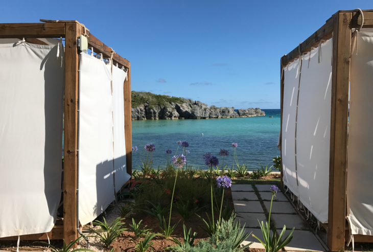 a white curtain with flowers and plants on a beach