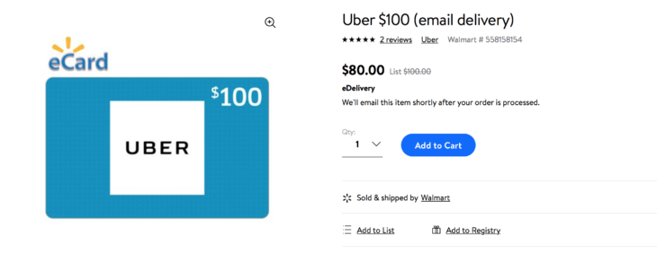 Hurry! $100 Uber Gift Cards For $80 At Walmart!