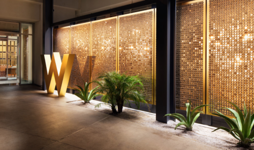 a wall with a gold letter and plants